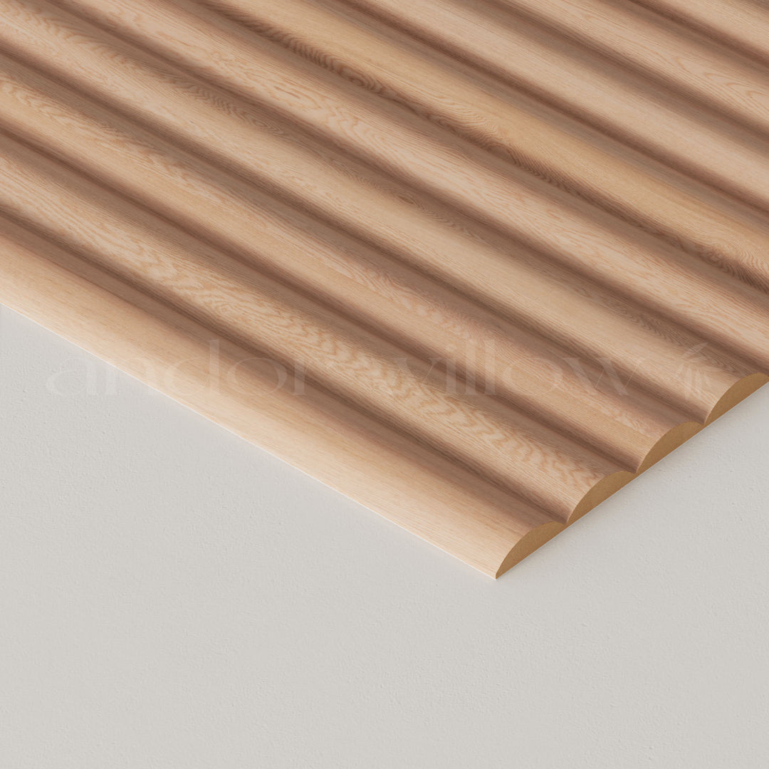 ribbed white oak panelling close-up studio image on white background