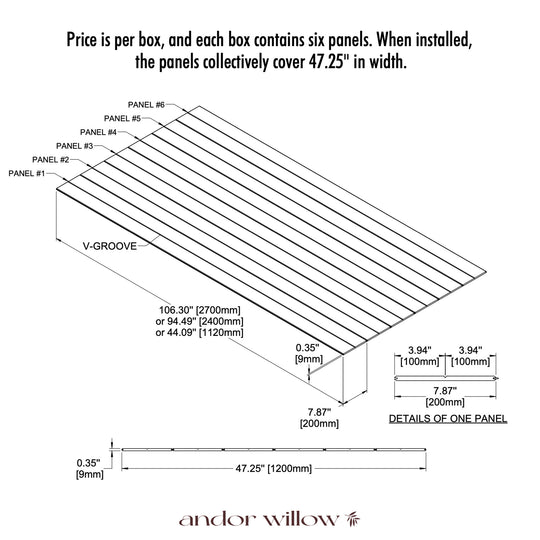 size illustration of andor willow v-groove panel dimensions