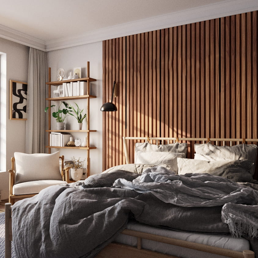 sunny midcentury modern bedroom with vertical wood slat wall panels behind bed