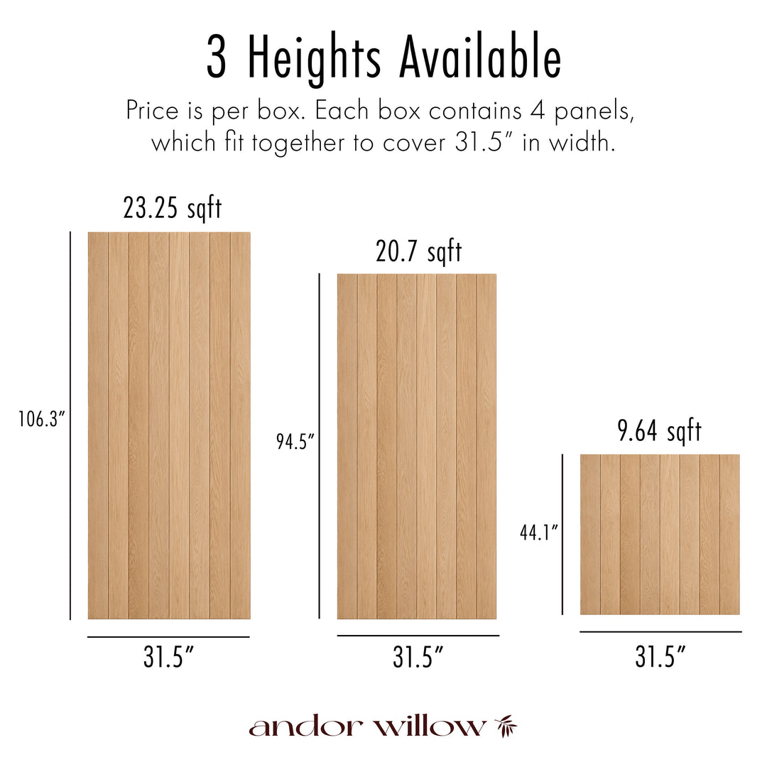 Informational graphic showing three different heights of tongue and groove wood paneling boxes with dimensions and square footage labels on a white background, with the text &