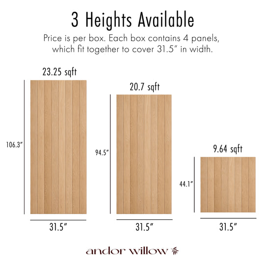 Informational graphic showing three different heights of tongue and groove wood paneling boxes with dimensions and square footage labels on a white background, with the text &
