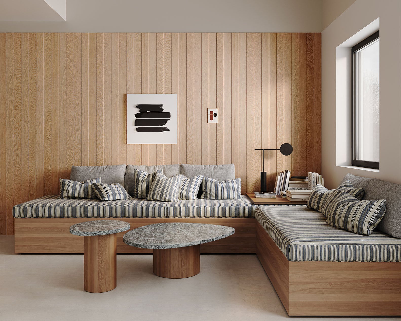 modern scandinavian living room with white oak tongue and groove wall paneling