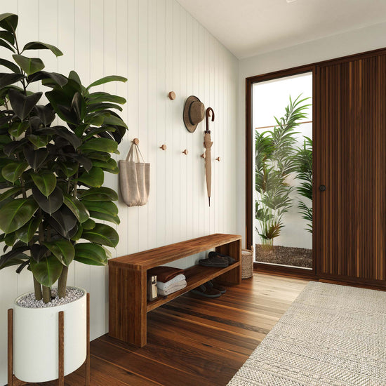 midcentury modern entryway with vertical v-groove panelled wall