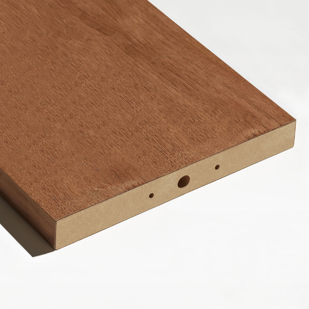 closeup of mdf room divider slats wrapped in real walnut veneer against white background
