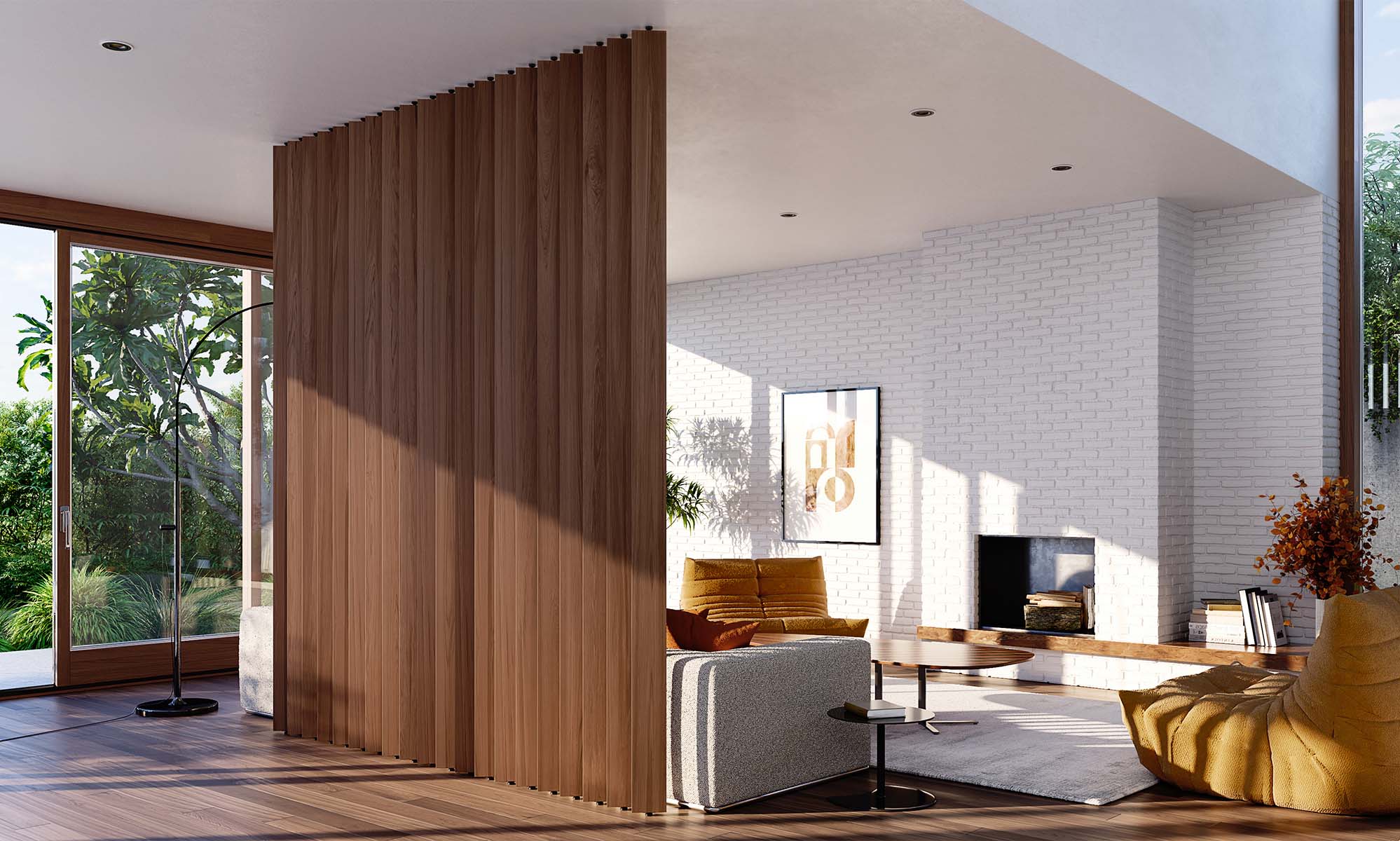 An airy room with a walnut wood slat divider creating a cozy nook, paired with warm lighting and a view to a lush garden.