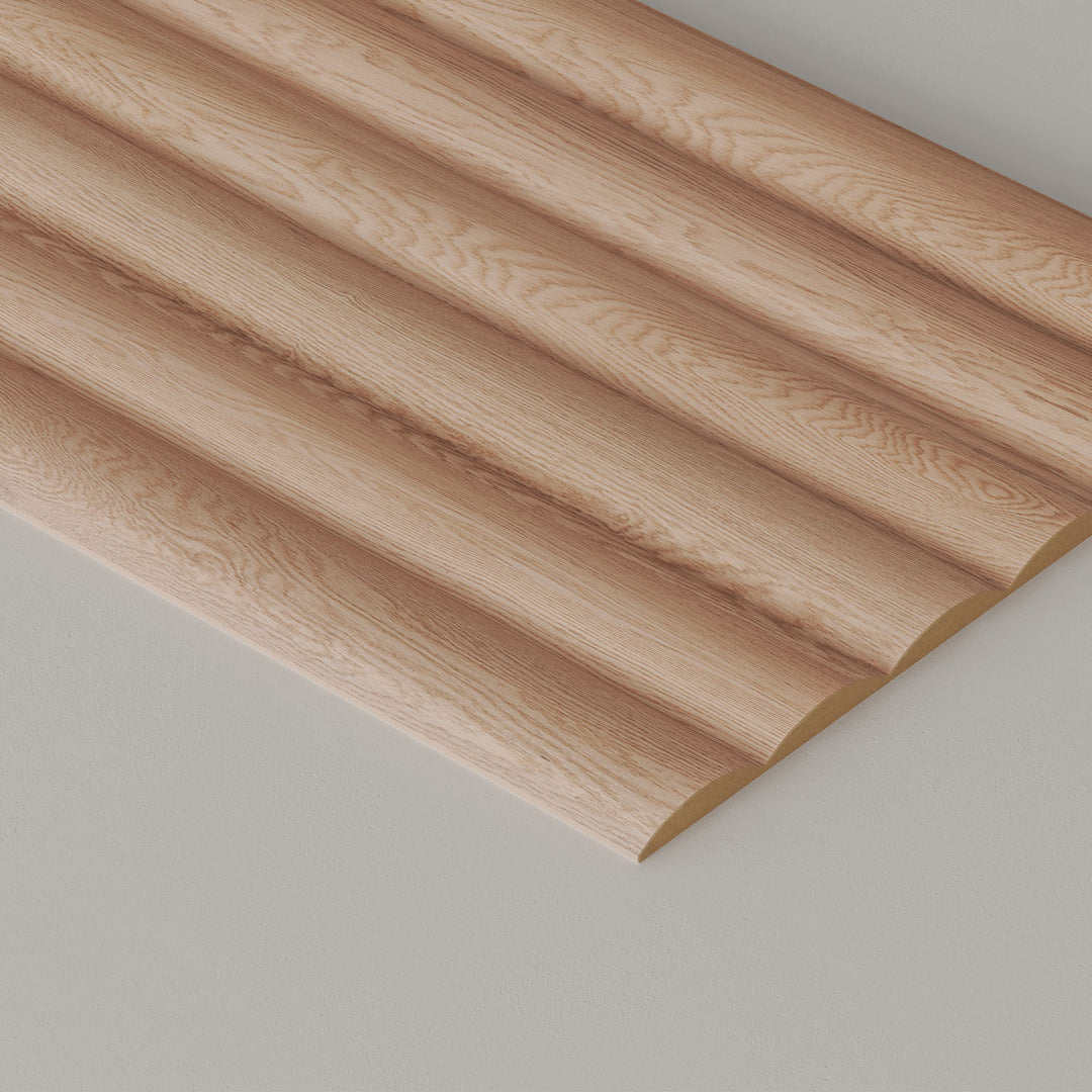 White oak wall panel with a fluted texture on a gray background