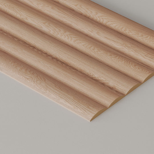 White oak wall panel with a fluted texture on a gray background