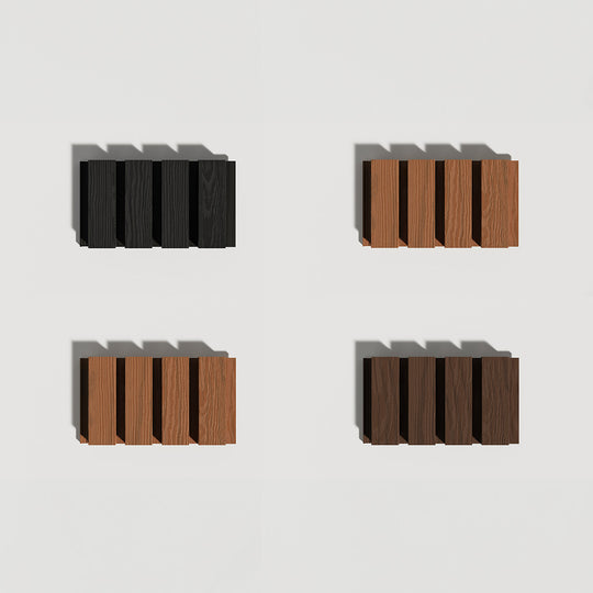 four small composite wood slat cladding samples on white background