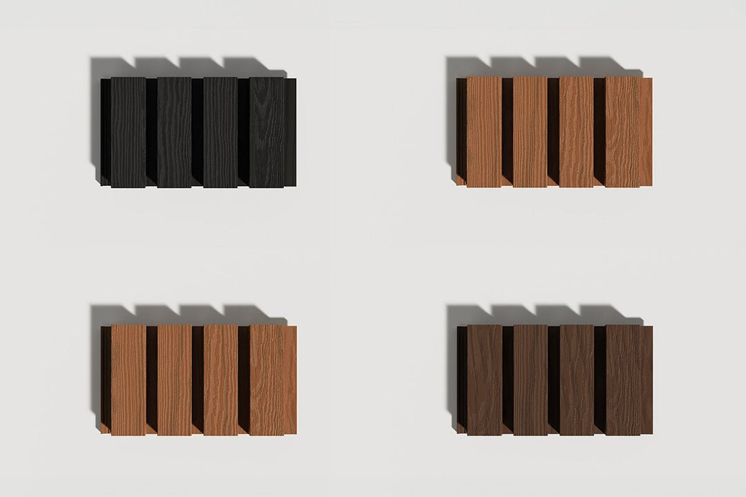 exterior wood slat wall panel samples on white background