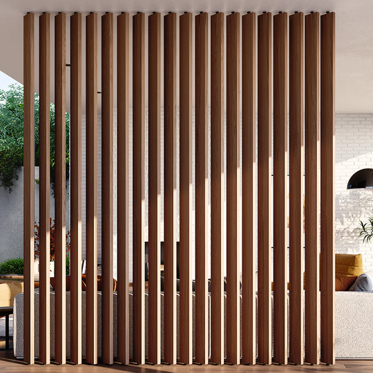 floor to ceiling wooden slat room divider in luxury midcentury modern home