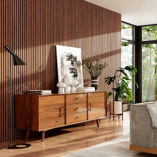 sunny midcentury home with a rosewood credenza and a vertical walnut wood slat accent wall